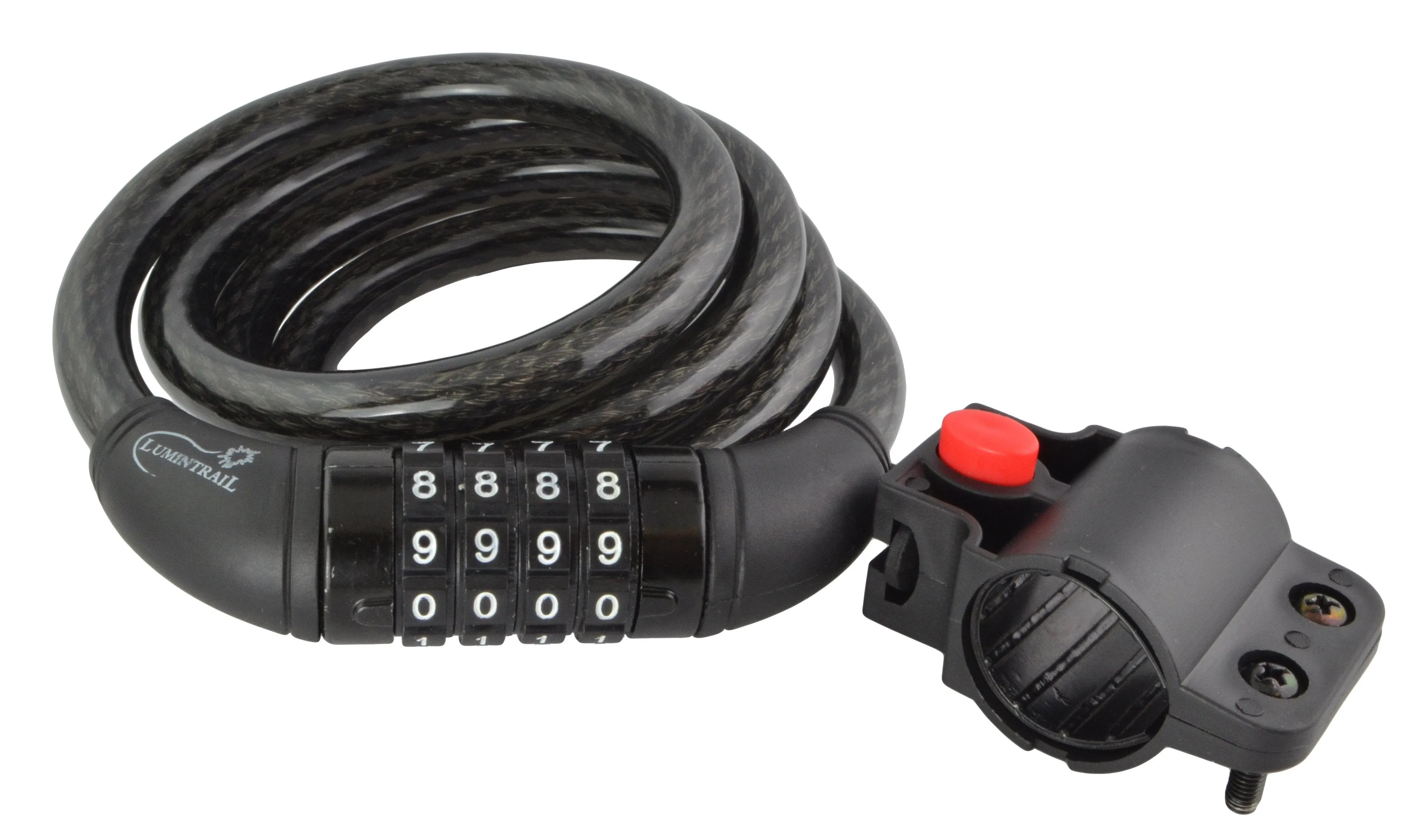 Combination Bike Lock with Self Coiling Steel Cable and Mount