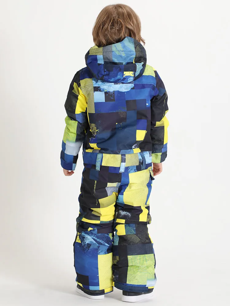 Kid's Yellow Plaid Waterproof Winter One Piece Snowboard Suit