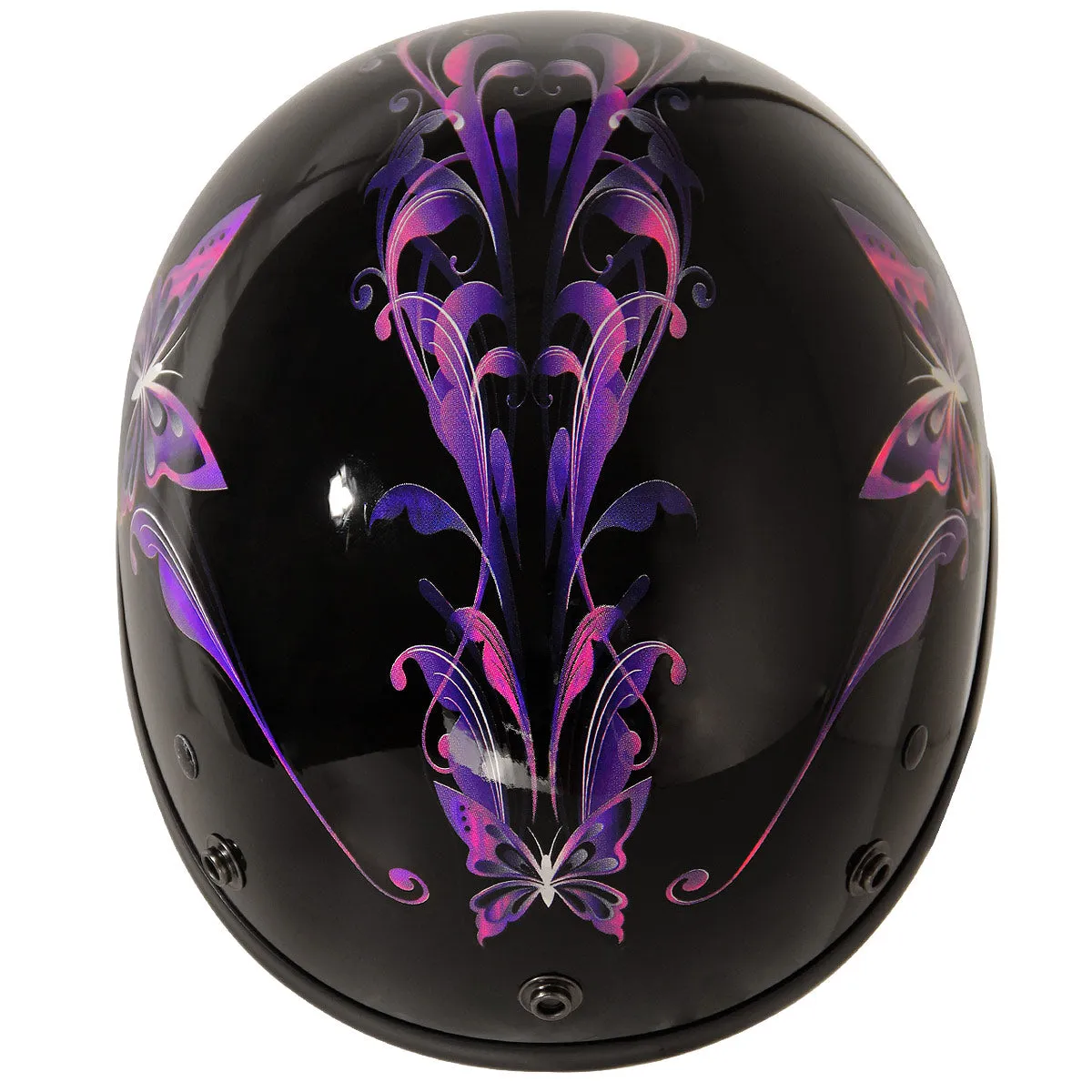 Outlaw Helmets T70 Glossy Black Purple Butterfly Motorcycle Half Helmet for Men & Women with Sun Visor DOT Approved - Adult Unisex Skull Cap for Bike Scooter ATV UTV Chopper