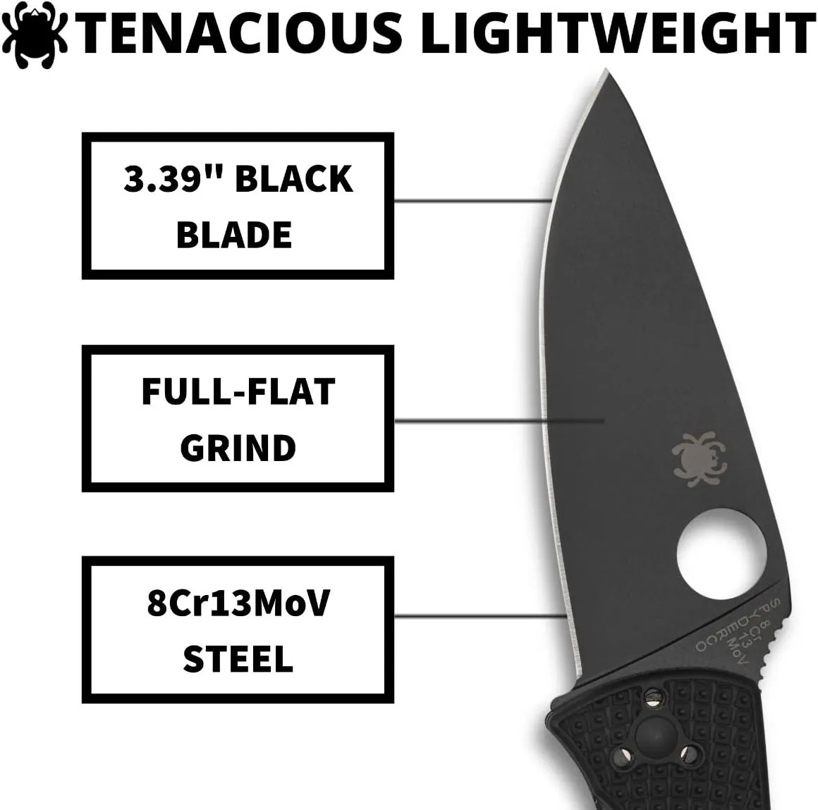 Spyderco, Tenacious Lightweight Folding Utility Pocket Knife with 3.39" Black Stainless Steel Blade and Black FRN Handle - Everyday Carry - PlainEdge - C122PBBK