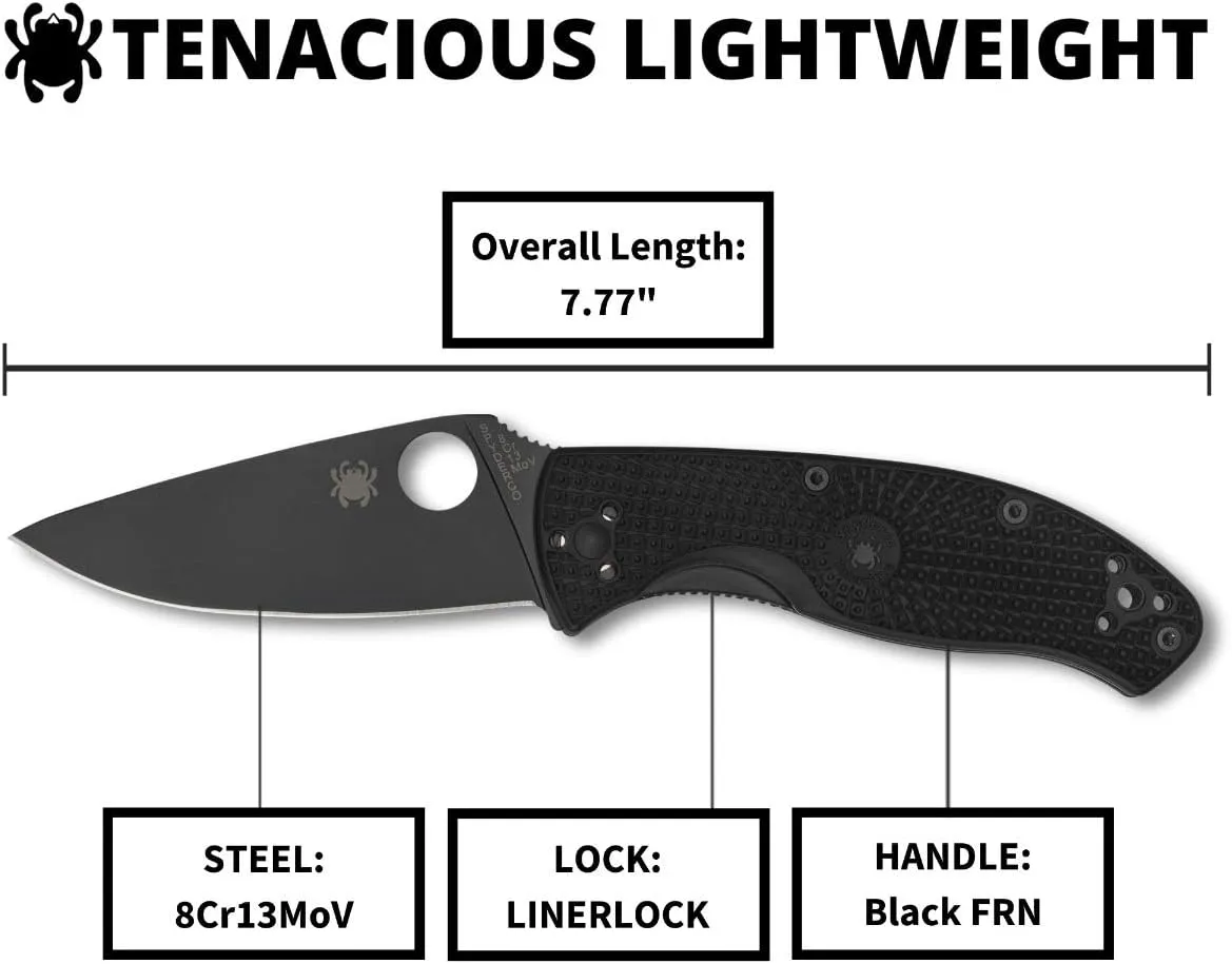 Spyderco, Tenacious Lightweight Folding Utility Pocket Knife with 3.39" Black Stainless Steel Blade and Black FRN Handle - Everyday Carry - PlainEdge - C122PBBK